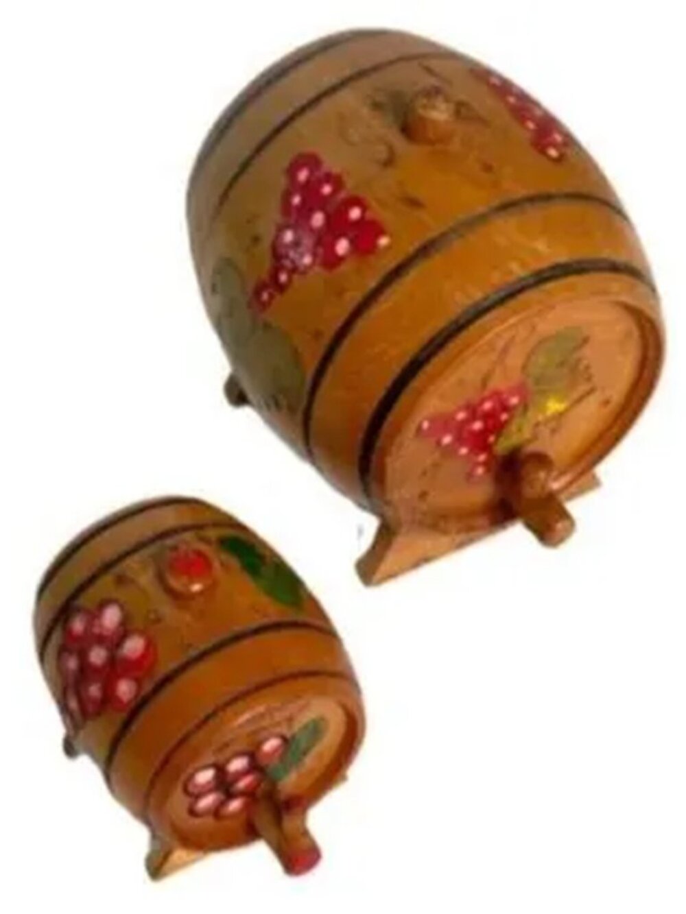 Vintage Wooden Wine Barrel Mini Decanters Set Fol Art Painted Pair Solid Wood